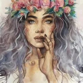 Eviniz için özel tasarım suluboya tekniğiyle hazırlanmış çiçek taçlı ve çilli kadın portreli dikişsiz duvar kağıdı.