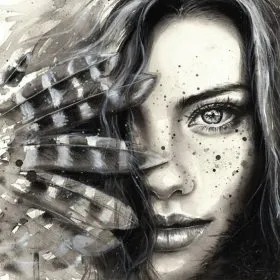 Eviniz için özel tasarım kuş tüyü detaylı ve çilli kadın portreli sanatsal dikişsiz duvar kağıdı.