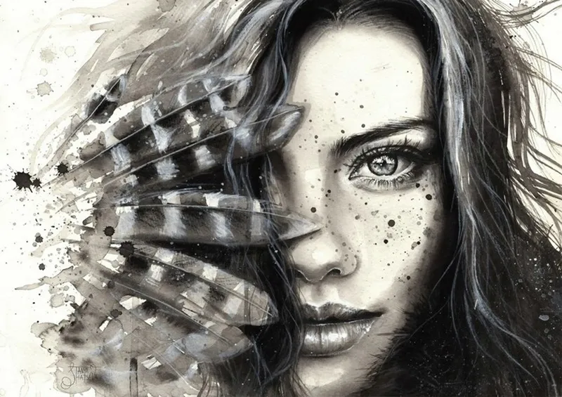 Eviniz için özel tasarım kuş tüyü detaylı ve çilli kadın portreli sanatsal dikişsiz duvar kağıdı.