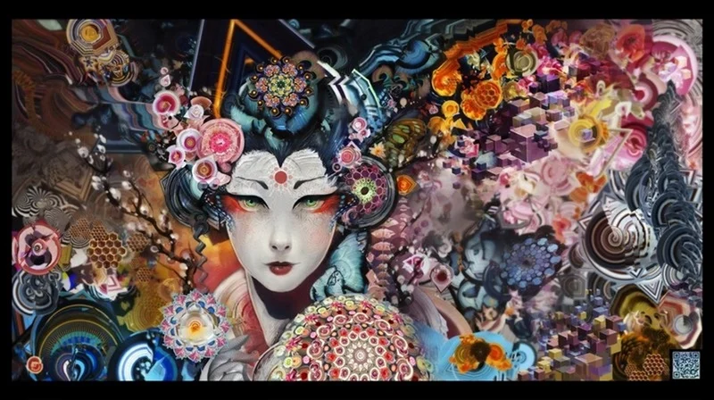 Eviniz için özel tasarım fütüristik geyşa figürlü ve geometrik fraktal desenli dikişsiz duvar kağıdı.