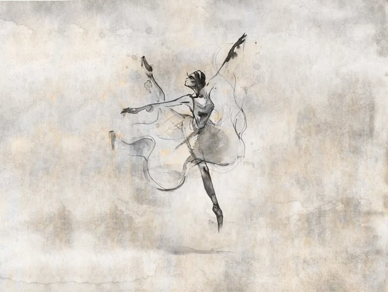 Modern sanat teknikleriyle hazırlanmış dans eden balerin figürlü duvar kağıdı.