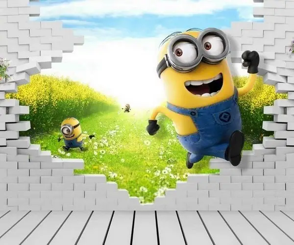surpriz bahce neseli minionlar 3d kirik duvar cocuk odasi duvar kagidi