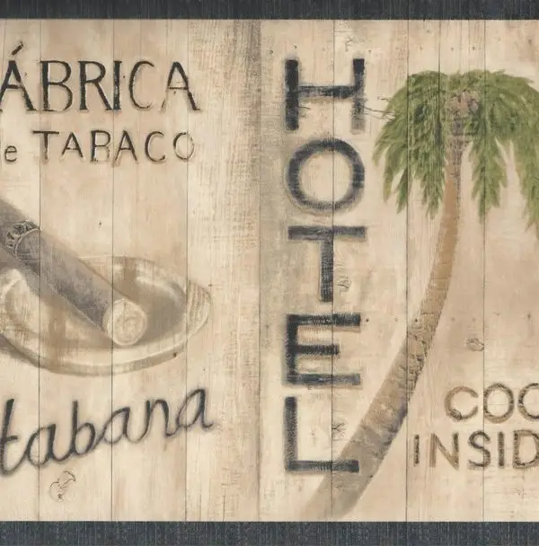 Eskitme ahşap üzerine "Fábrica de Tabaco Habana" yazılı puro ve palmiye ağacı illüstrasyonlu duvar kağıdı.