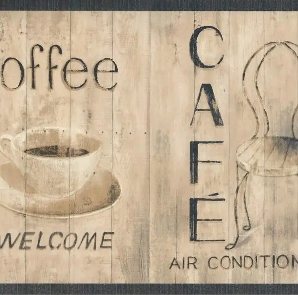 Açık renk ahşap panel üzerinde kahve fincanı ve sandalye çizimli 