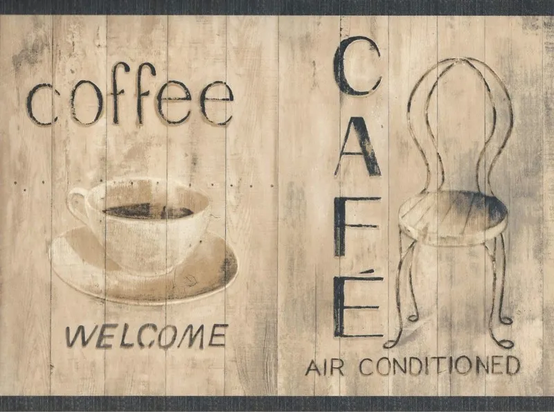 Açık renk ahşap panel üzerinde kahve fincanı ve sandalye çizimli "Coffee Welcome" yazılı vintage duvar kağıdı.