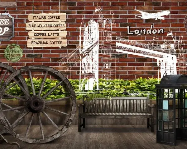 Kırmızı tuğla duvar önünde ahşap at arabası tekerlekleri, Londra köprüsü illüstrasyonu ve kahve dükkanı temalı duvar kağıdı.