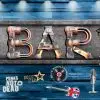 Mavi eskitme ahşap zemin üzerine neon etkili BAR yazısı ve rock müzik illüstrasyonlu dekoratif duvar kağıdı.
