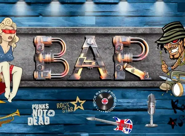 Mavi eskitme ahşap zemin üzerine neon etkili BAR yazısı ve rock müzik illüstrasyonlu dekoratif duvar kağıdı.