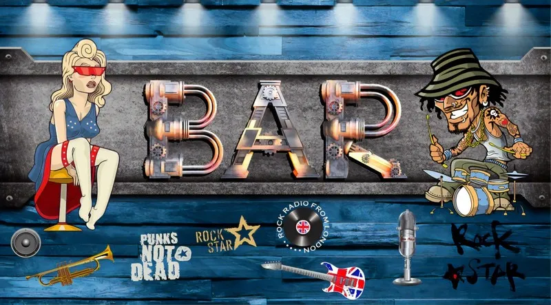 Mavi eskitme ahşap zemin üzerine neon etkili BAR yazısı ve rock müzik illüstrasyonlu dekoratif duvar kağıdı.