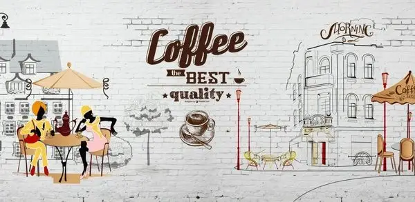 Beyaz tuğla duvar üzerinde "Coffee the Best Quality" yazılı, renkli kafe ve sokak illüstrasyonlu duvar kağıdı.