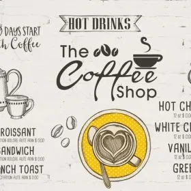 Beyaz pürüzsüz zemin üzerine el çizimi kahve fincanları, menü yazıları ve "The Coffee Shop" ibareli modern duvar kağıdı.
