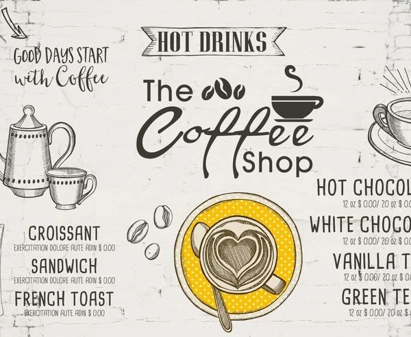 Beyaz pürüzsüz zemin üzerine el çizimi kahve fincanları, menü yazıları ve 