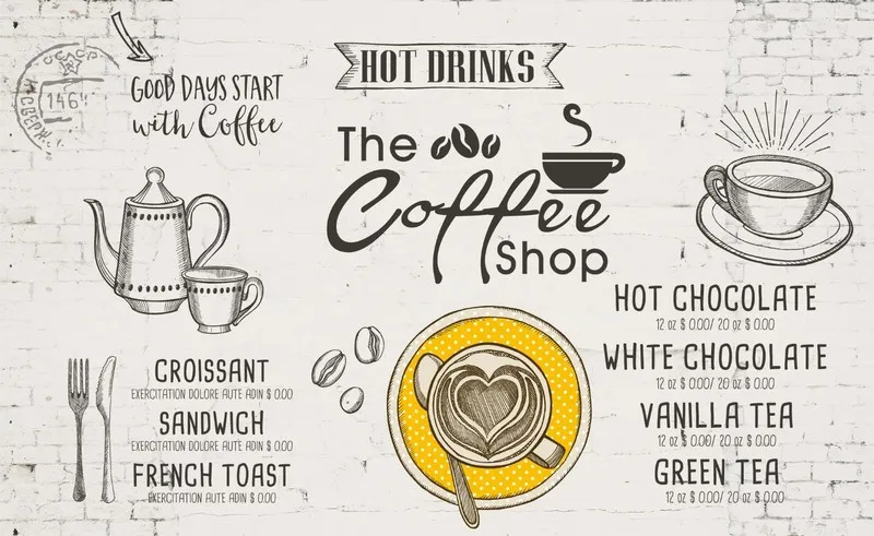 Beyaz pürüzsüz zemin üzerine el çizimi kahve fincanları, menü yazıları ve "The Coffee Shop" ibareli modern duvar kağıdı.