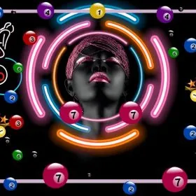 Siyah zemin üzerine neon halkalar, kadın figürü ve havada uçuşan bilardo topları illüstrasyonlu dekoratif duvar kağıdı.