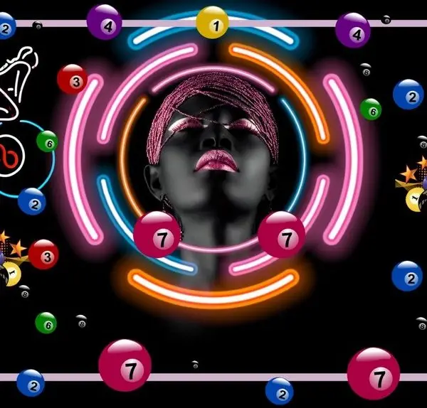 Siyah zemin üzerine neon halkalar, kadın figürü ve havada uçuşan bilardo topları illüstrasyonlu dekoratif duvar kağıdı.