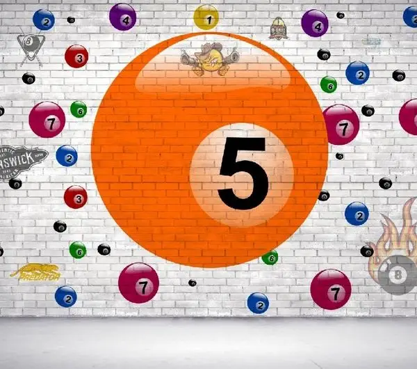 Beyaz tuğla duvar fonunda dev turuncu 5 numaralı top ve farklı renkli bilardo topları ile Brunswick ve Predator logolu duvar kağıdı.