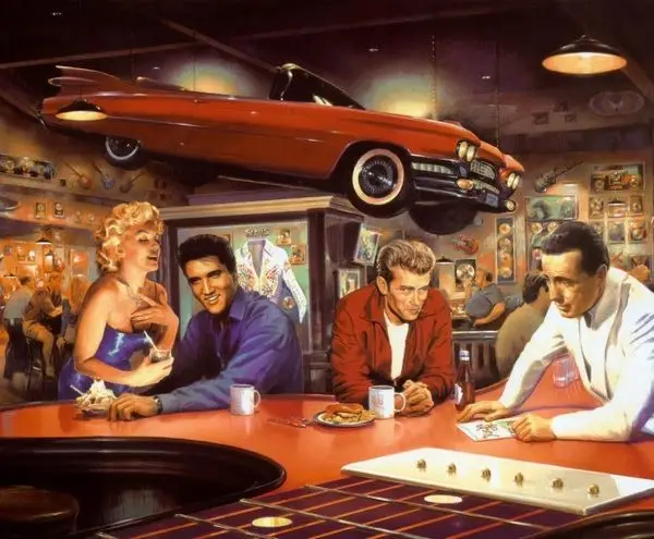 Marilyn Monroe, Elvis Presley ve James Dean'in olduğu, tepesinde kırmızı Cadillac asılı retro Amerikan bar tasarımlı duvar kağıdı.
