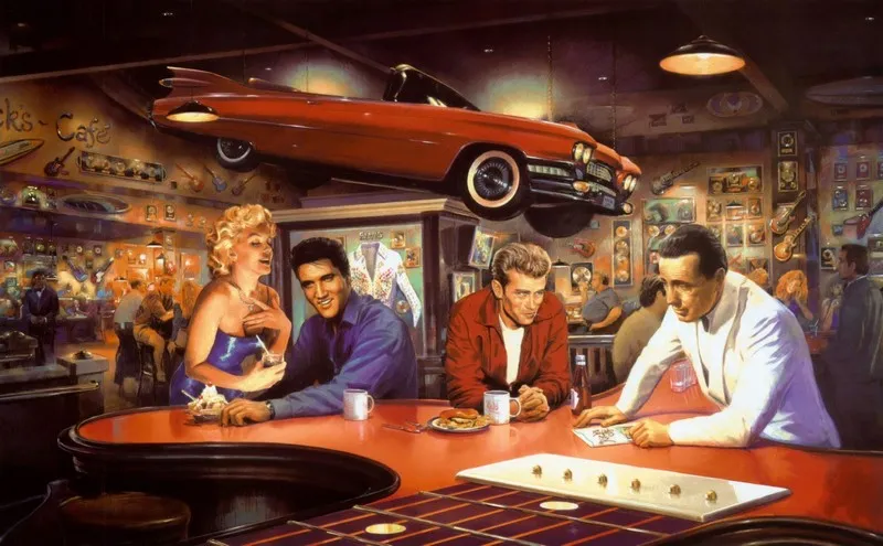 Marilyn Monroe, Elvis Presley ve James Dean'in olduğu, tepesinde kırmızı Cadillac asılı retro Amerikan bar tasarımlı duvar kağıdı.