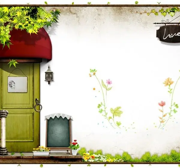 Kırmızı tenteli, yeşil kapılı ve çiçeklerle süslenmiş beyaz duvarlı masalsı ev illüstrasyonu duvar kağıdı.
