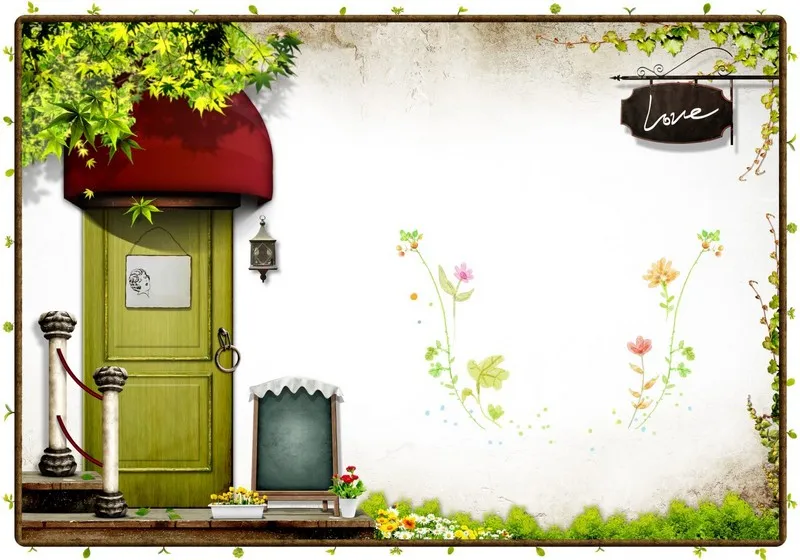 Kırmızı tenteli, yeşil kapılı ve çiçeklerle süslenmiş beyaz duvarlı masalsı ev illüstrasyonu duvar kağıdı.