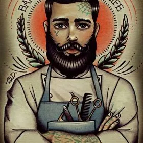 "Berber For Life" yazılı amblem önünde apronlu ve dövmeli berber figürü illüstrasyonlu duvar kağıdı.