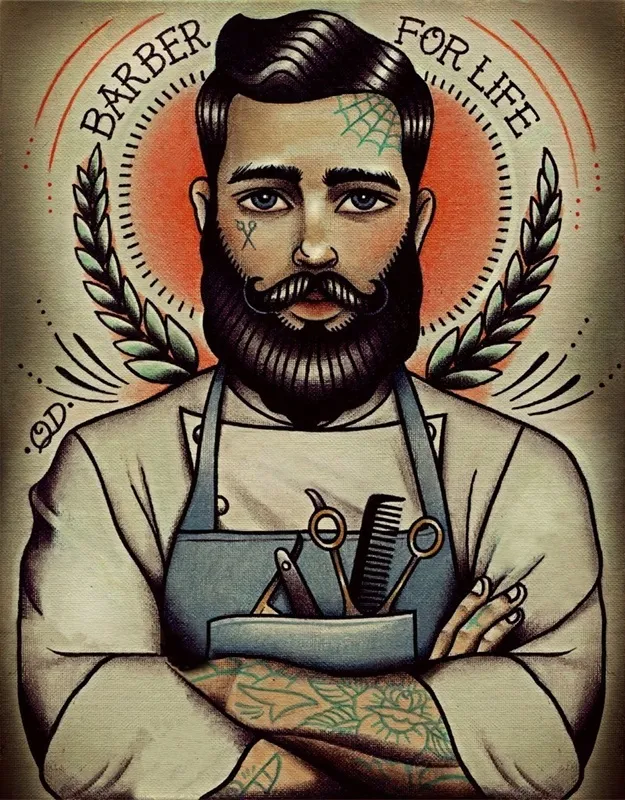 "Berber For Life" yazılı amblem önünde apronlu ve dövmeli berber figürü illüstrasyonlu duvar kağıdı.