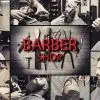 Siyah beyaz berber fotoğrafları ve kırmızı ışıklı Barber Shop yazılı kolaj tasarımlı duvar kağıdı.