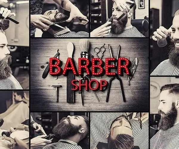 Siyah beyaz berber fotoğrafları ve kırmızı ışıklı Barber Shop yazılı kolaj tasarımlı duvar kağıdı.