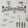 Beyaz tuğla duvar üzerinde Barber Shop yazısı ve kuaför aletleri silüetleri içeren dekoratif duvar kağıdı.