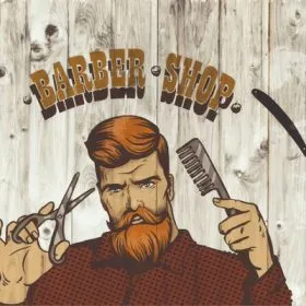 Açık renk ahşap panel üzerinde makas ve tarak tutan sakallı erkek figürlü berber dükkanı duvar kağıdı.