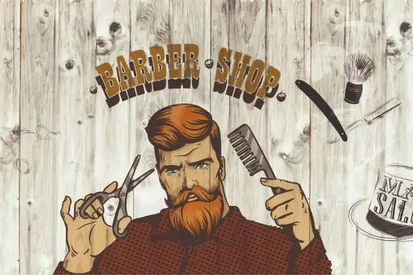 Açık renk ahşap panel üzerinde makas ve tarak tutan sakallı erkek figürlü berber dükkanı duvar kağıdı.