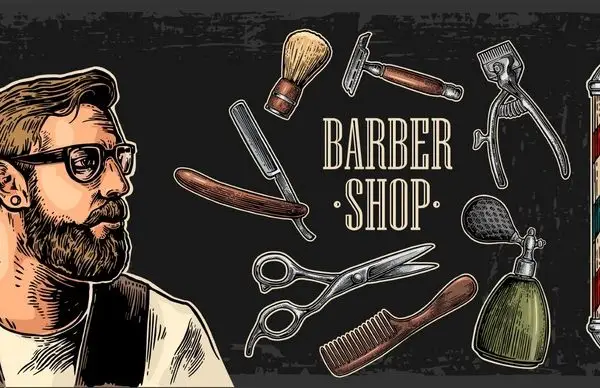 Koyu zemin üzerine klasik berber ekipmanları ve erkek figürü illüstrasyonlu Barber Shop duvar kağıdı.