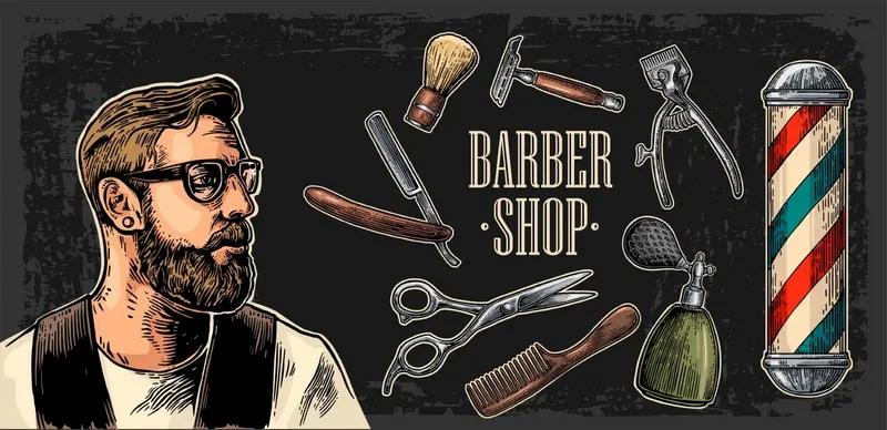 Koyu zemin üzerine klasik berber ekipmanları ve erkek figürü illüstrasyonlu Barber Shop duvar kağıdı.