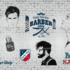 Beyaz tuğla duvar üzerinde sakallı berber figürleri, makas, ustura ve "Barber For Life" yazılı kolaj duvar kağıdı.