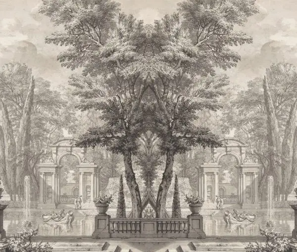 monochrome gravur simetrik saray bahcesi ve havuz manzarali duvar kagidi