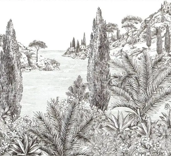 Trendyol siyah beyaz İtalyan sahil kasabası ve selvi ağaçlı körfez manzaralı duvar posteri bursa ve Hepsiburada tepedeki taş evler temalı monochrome duvar kağıdı modelleri bursa