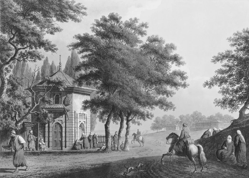 monochrome antik osmanli meydani atli suvariler ve tarihi cesme duvar kagidi