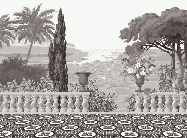 monochrome prestijli saray balkonu ve sonsuz deniz panoramali duvar kagidi