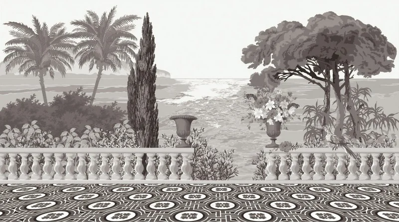 monochrome prestijli saray balkonu ve sonsuz deniz panoramali duvar kagidi