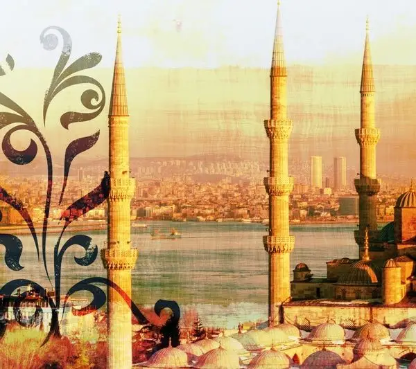 Trendyol Sultanahmet Camii ve İstanbul Boğazı manzaralı duvar posteri bursa ve Hepsiburada tarihi yarımada temalı sarı tonlu duvar kağıdı modelleri