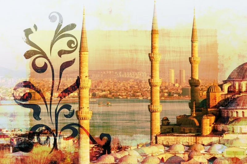 Trendyol Sultanahmet Camii ve İstanbul Boğazı manzaralı duvar posteri bursa ve Hepsiburada tarihi yarımada temalı sarı tonlu duvar kağıdı modelleri