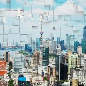 sanghay sehir silueti ve 3d geometrik bloklar duvar kagidi