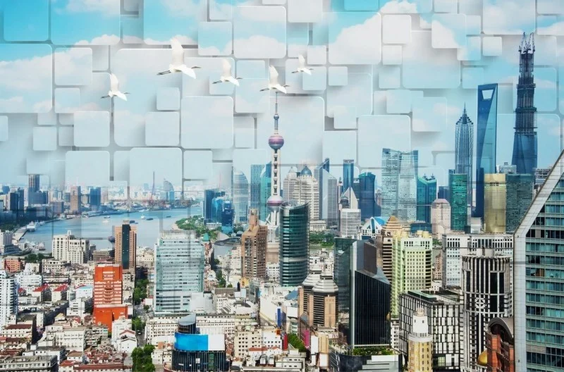 sanghay sehir silueti ve 3d geometrik bloklar duvar kagidi