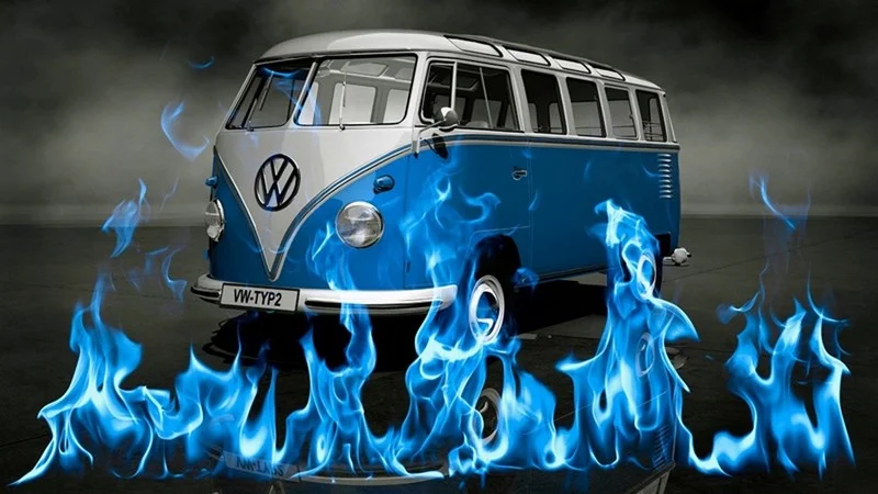 alevli retro mavi klasik vosvos minibus tasarim duvar kagidi