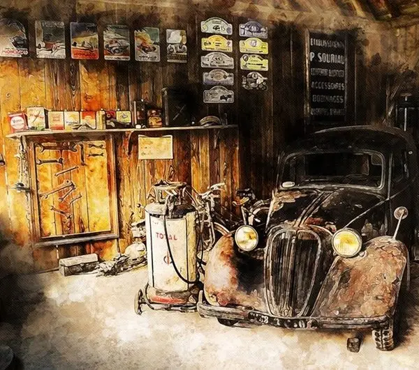 otantik klasik araba atolyesi vintage garaj duvar kagidi