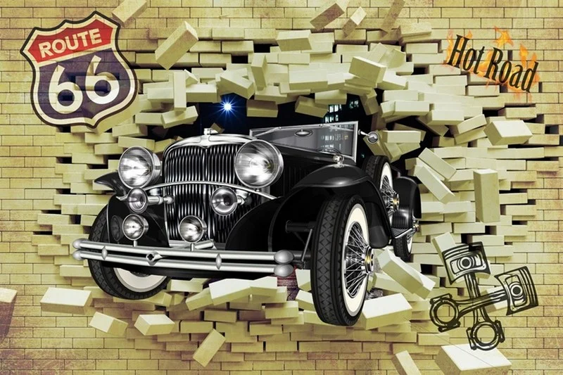 prestij klasik araba ve 3d yirtik tugla duvar duvar kagidi