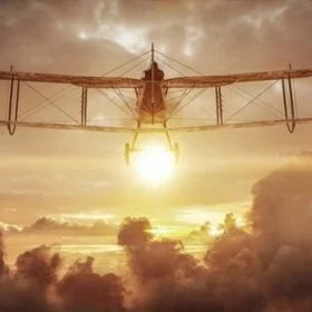 efsanevi gun batimi ve bulutlar arasinda ucak duvar kagidi