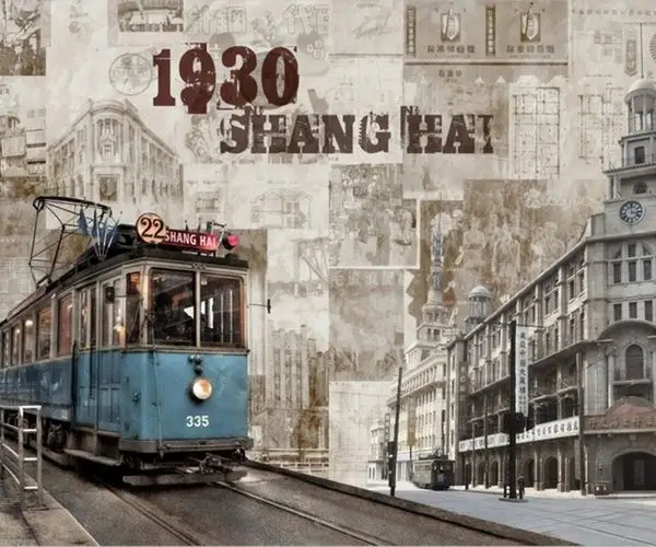 nostalji esintisi 1930 sanghay tramvay temali vintage kolaj duvar kagidi