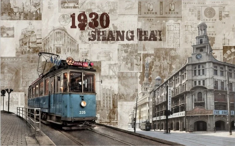 nostalji esintisi 1930 sanghay tramvay temali vintage kolaj duvar kagidi