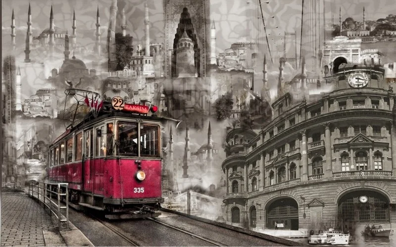 huzur veren istanbul nostaljik tramvay ve tarihi sehir kolajli 3d duvar kagidi